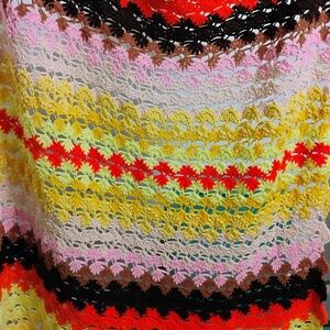 Vtg Lap Blanket Crochet Afghan Throw Retro Brown Pink Yellow 56x39" Roseanne